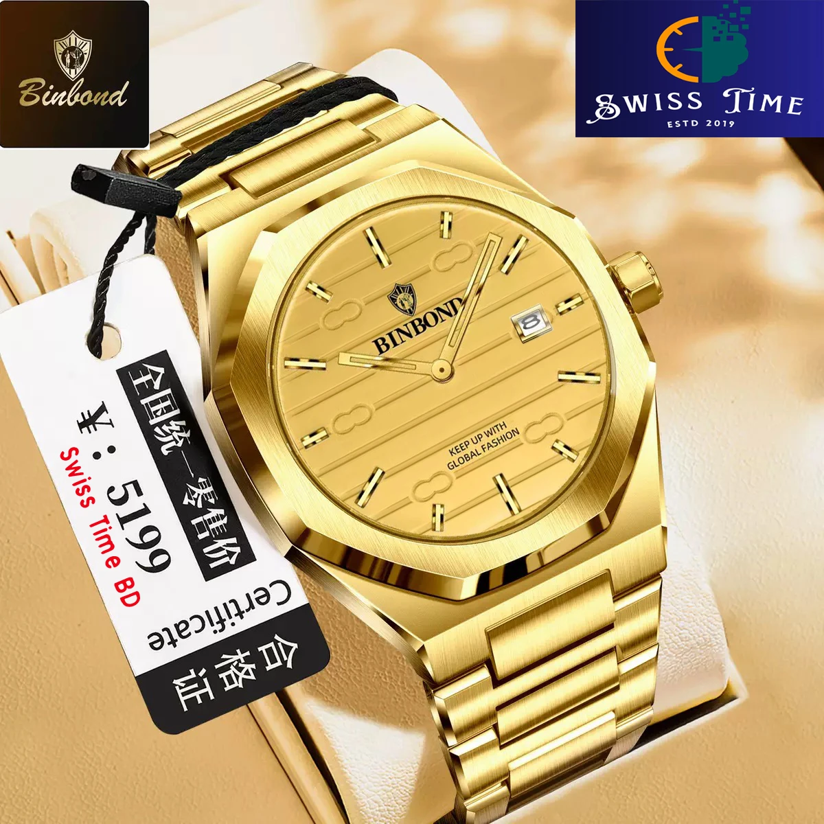 BINBOND 818 Brand Casual Men's Quartz Watch Octagonal Waterproof Night Light Luxurious And Fashionable Men's Quartz Watch- Golden