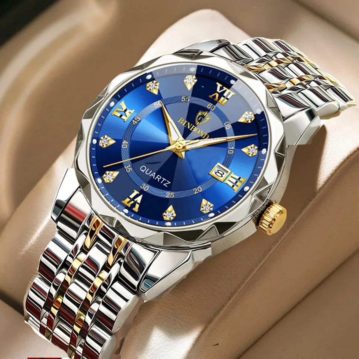 Luxury Binbond authentic men's watch waterproof night light calendar watch men's quartz watch ceiling glass- Blue
