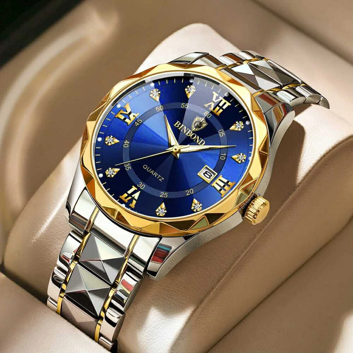 Luxury Binbond Day authentic men's watch waterproof night light calendar watch men's quartz watch ceiling glass- Blue & Golden