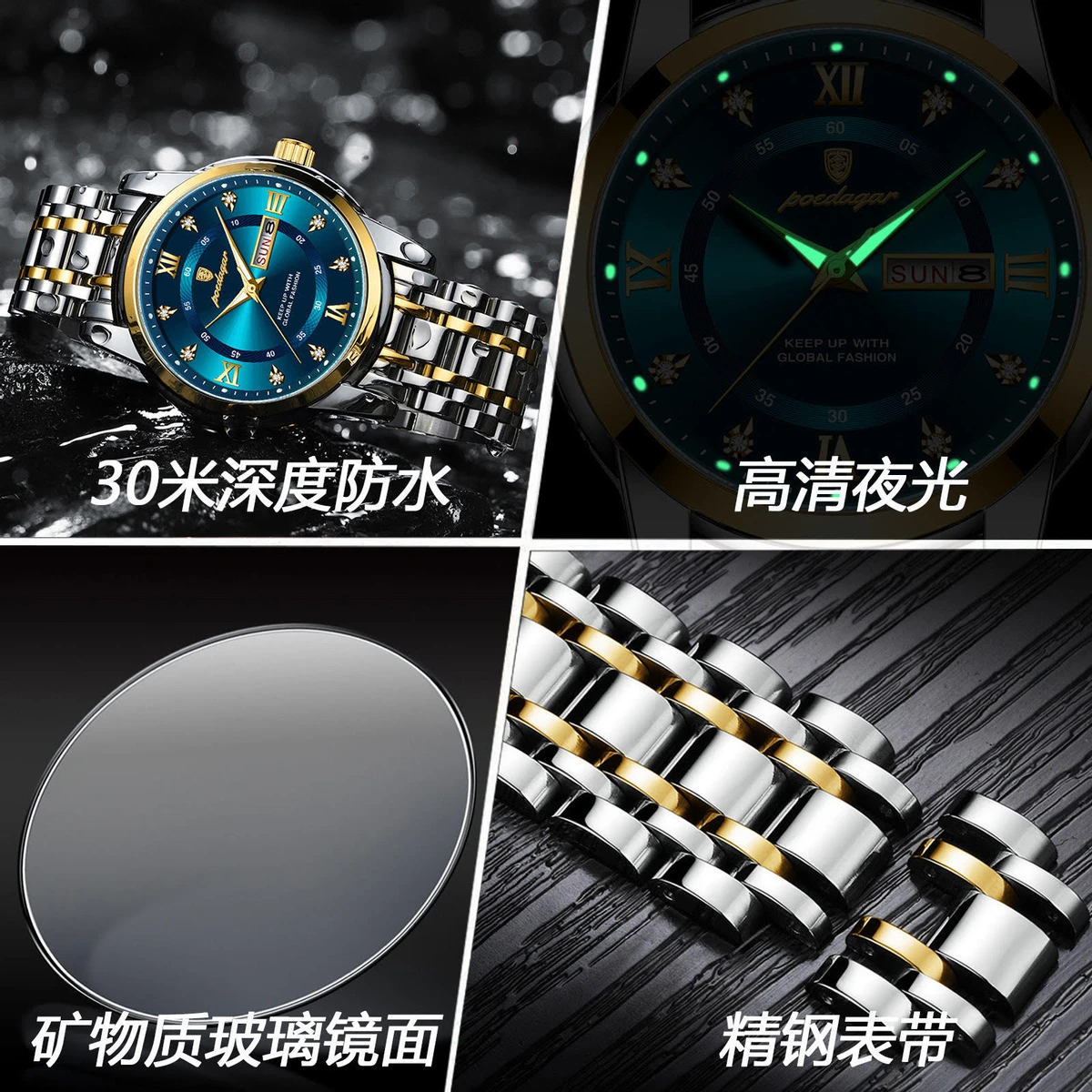 POEDAGAR Luxury Watch for Man Elegant Date Week Waterproof Luminous Men Watch Quartz Stainless Steel Sports Men's Watches- Green