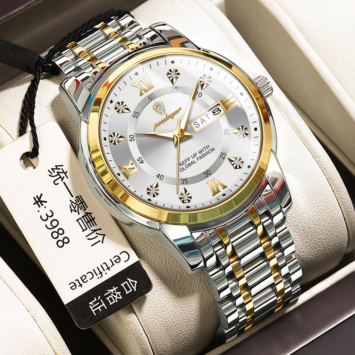 POEDAGAR Luxury Watch for Man Elegant Date Week Waterproof Luminous Men Watch Quartz Stainless Steel Sports Men's Watches- Silver & Golden