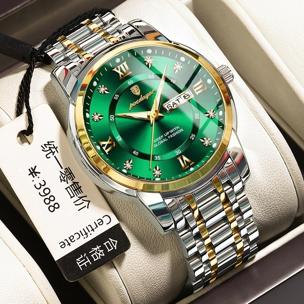 POEDAGAR Luxury Watch for Man Elegant Date Week Waterproof Luminous Men Watch Quartz Stainless Steel Sports Men's Watches- Green