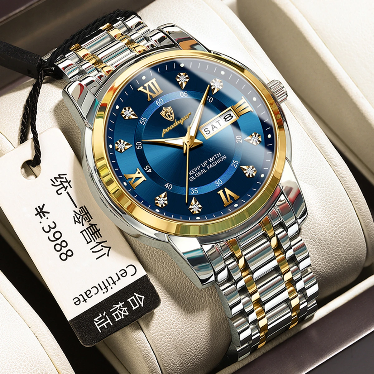 POEDAGAR Luxury Watch for Man Elegant Date Week Waterproof Luminous Men Watch Quartz Stainless Steel Sports Men's Watches- Blue & Silver