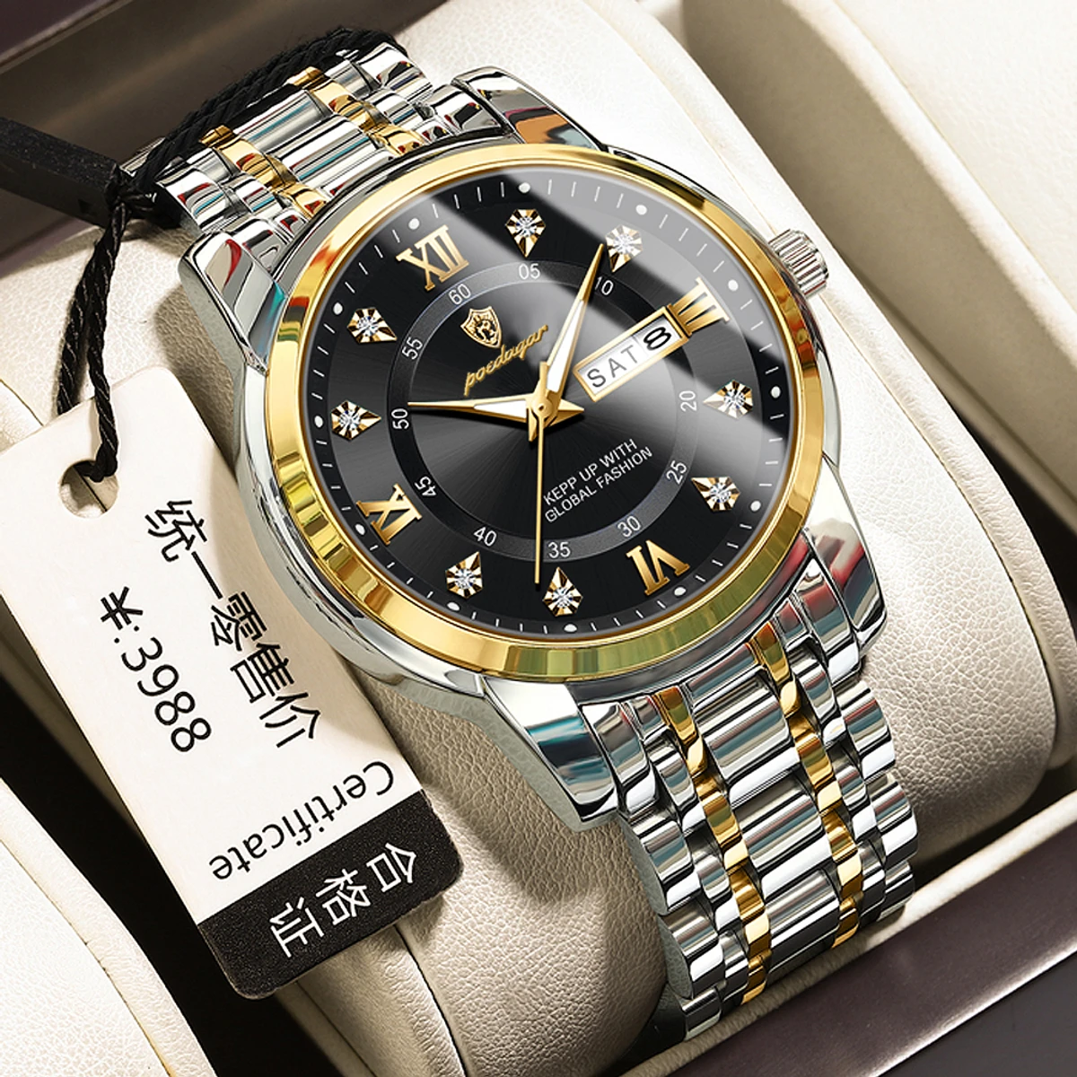 POEDAGAR Luxury Watch for Man Elegant Date Week Waterproof Luminous Men Watch Quartz Stainless Steel Sports Men's Watches- Black & Golden