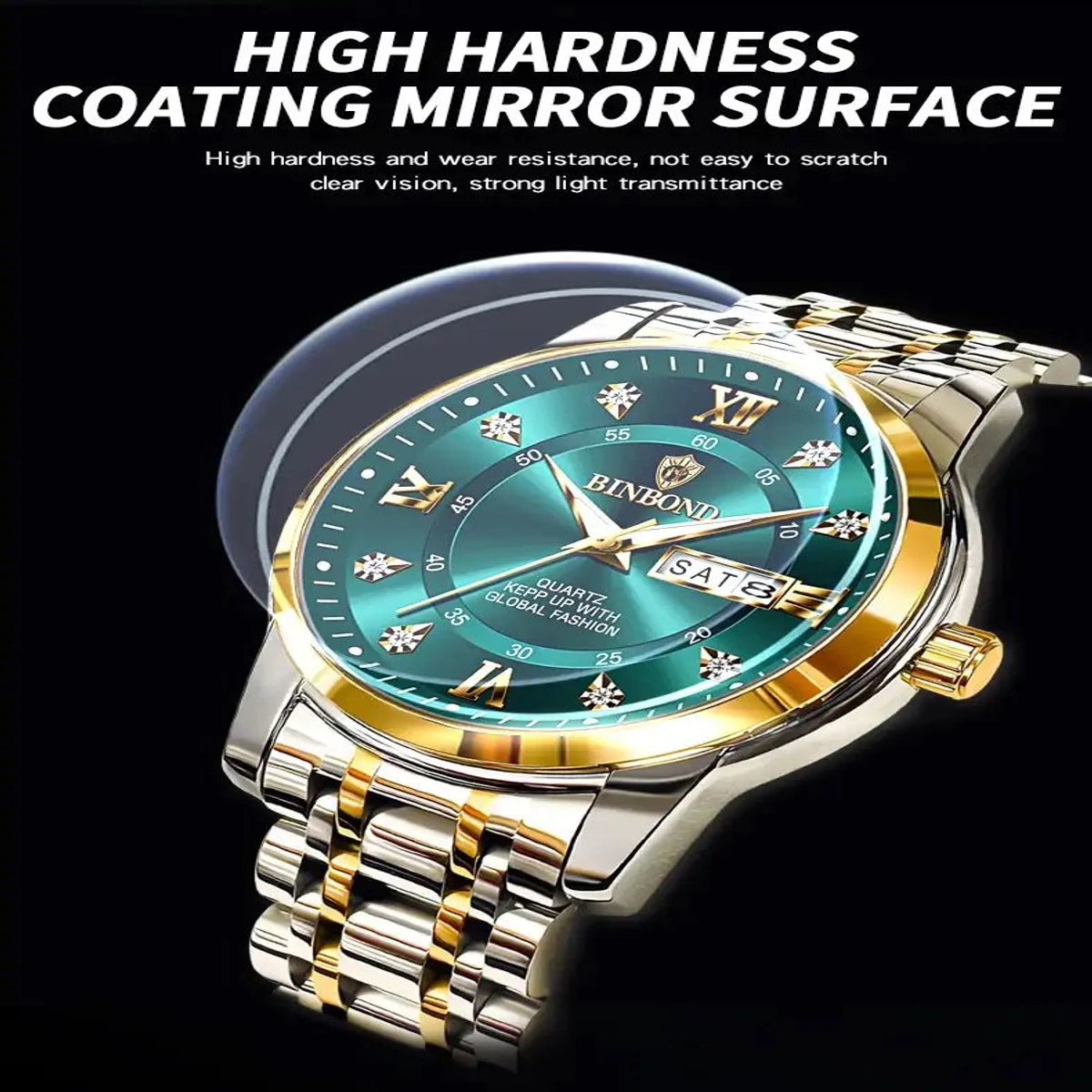 Binbond Men's Luxury Watch Elegant Dating Week Waterproof and Luminous Men's Watch Quartz Stainless Steel Sports Men's Watch- Golden