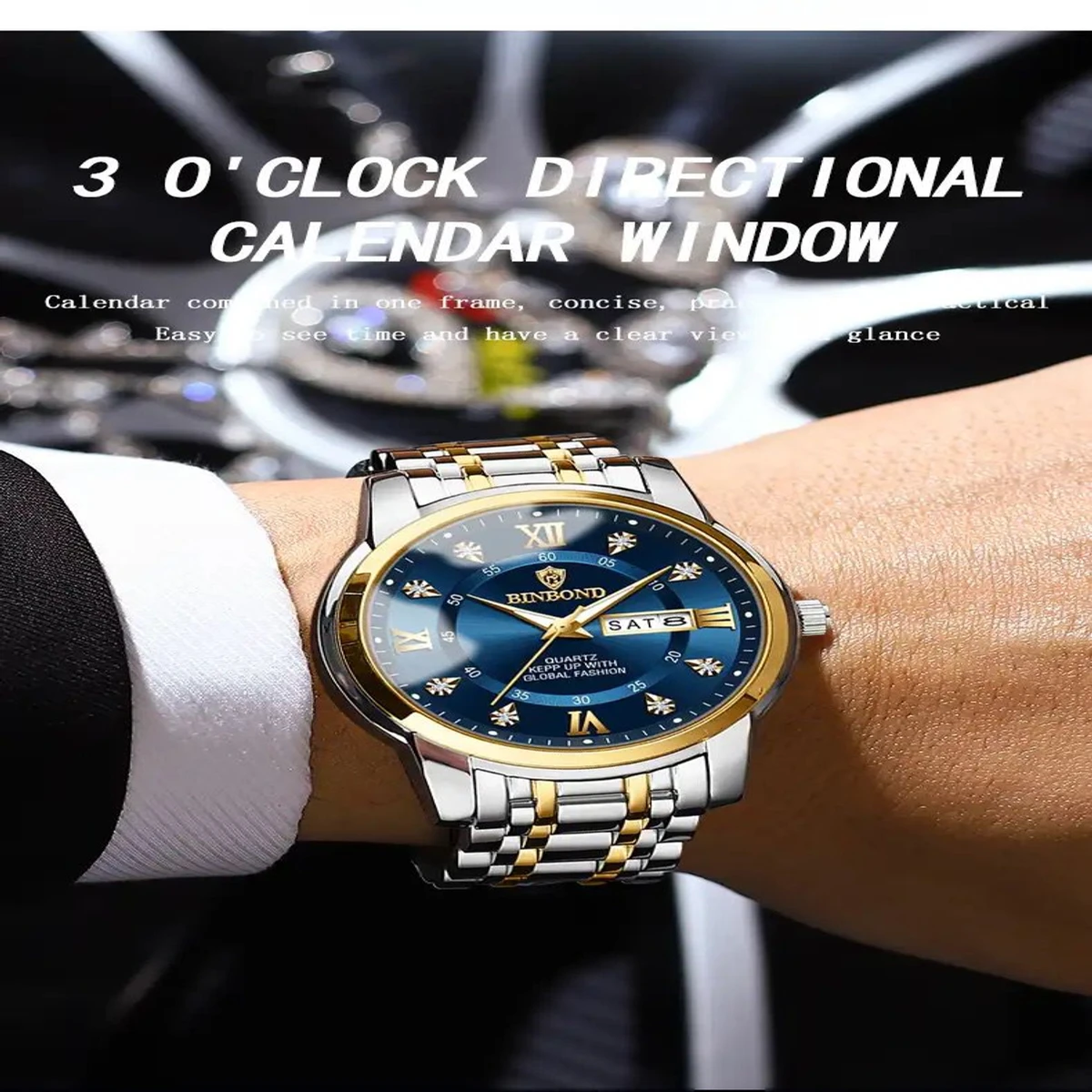 Binbond Men's Luxury Watch Elegant Dating Week Waterproof and Luminous Men's Watch Quartz Stainless Steel Sports Men's Watch- Blue