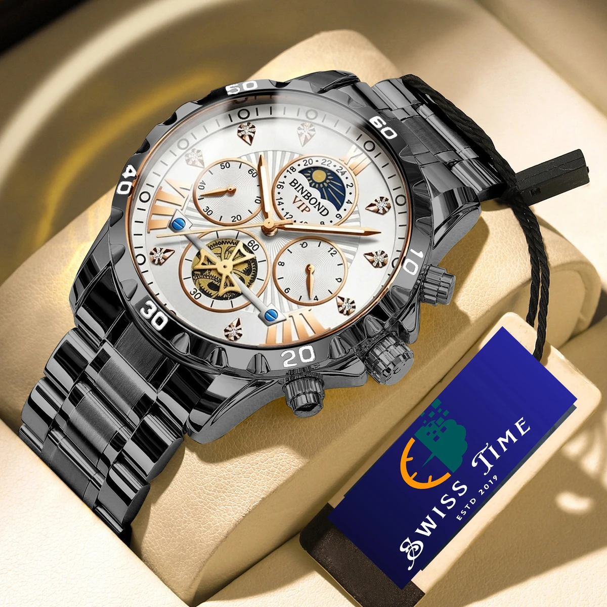 BINBOND W177 Top Brand Men Watch High end Authentic Business Night Light Waterproof Flywheel Gold Steel Belt Male Fashion Quartz Wristwatch- Black & Silver