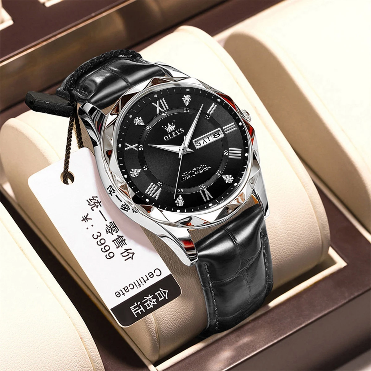 OLEVE Belt New Fashion Blue Quartz Watch for Men High Quality Leather Waterproof Luminous Date Week Mens Watches Top Brand Luxury- Silver & Black