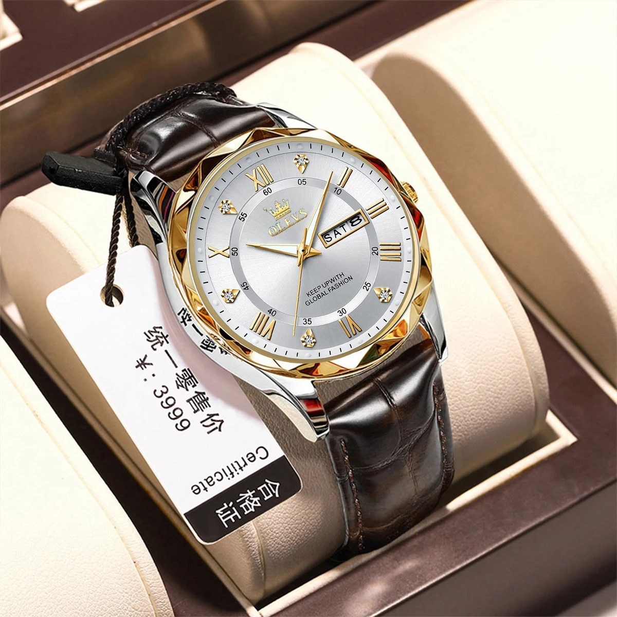 OLEVE Belt New Fashion Blue Quartz Watch for Men High Quality Leather Waterproof Luminous Date Week Mens Watches Top Brand Luxury- Silver & Golden