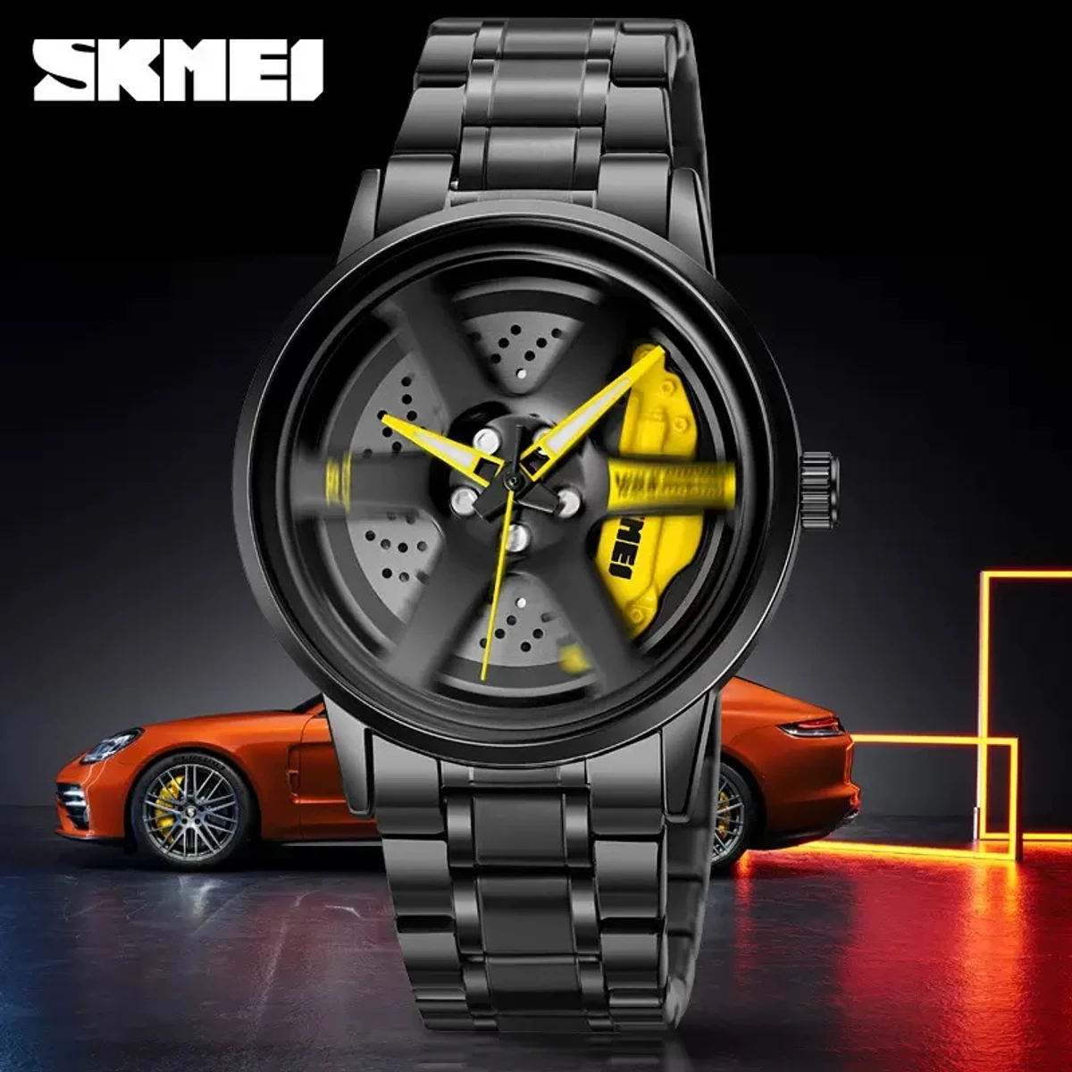 New 3D Real Man Waterproof Rotate Quartz Watches Super Car Rim Spinning Men's Sports 360 Wheel Wristwatch For Men Clock- Yellow & Black