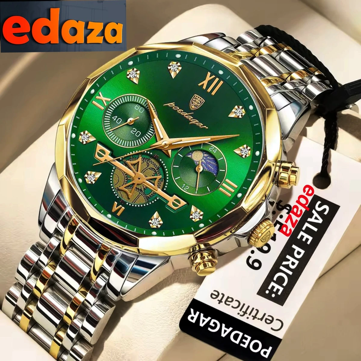 Poedagar con New Luxury Watch For Men Stainless Steel Waterproof Business Sport Wristwatches- Green