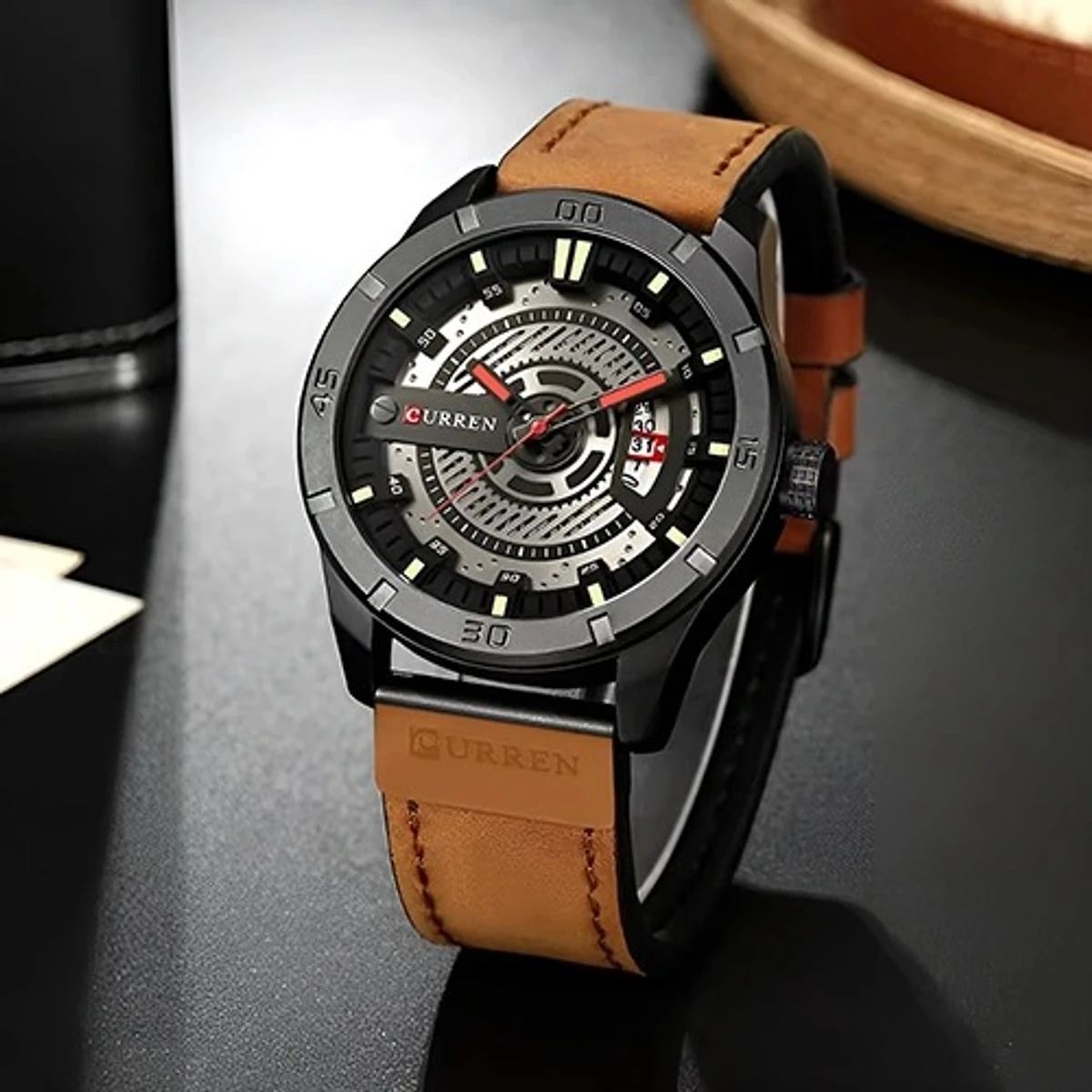 Luxury Watch Brand CURREN Men Military Sports Watches Men's Quartz Date Clock Man Casual Leather Wrist Watch Relogio Masculino- Light Brown