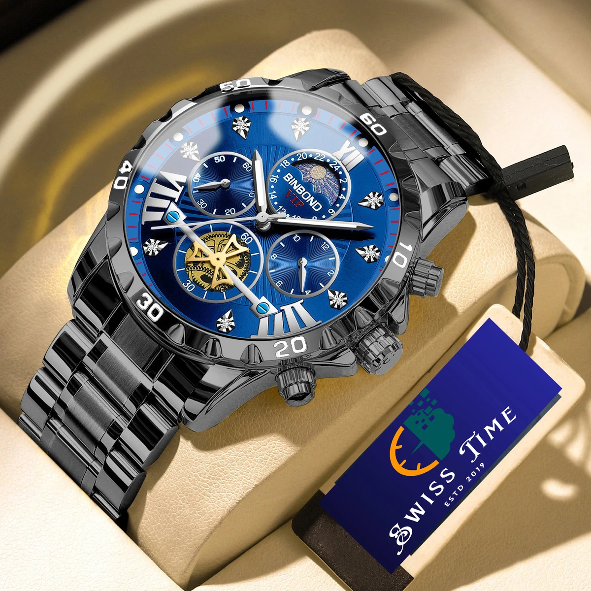 BINBOND W177 Top Brand Men Watch High end Authentic Business Night Light Waterproof Flywheel Gold Steel Belt Male Fashion Quartz Wristwatch- Black & Blue