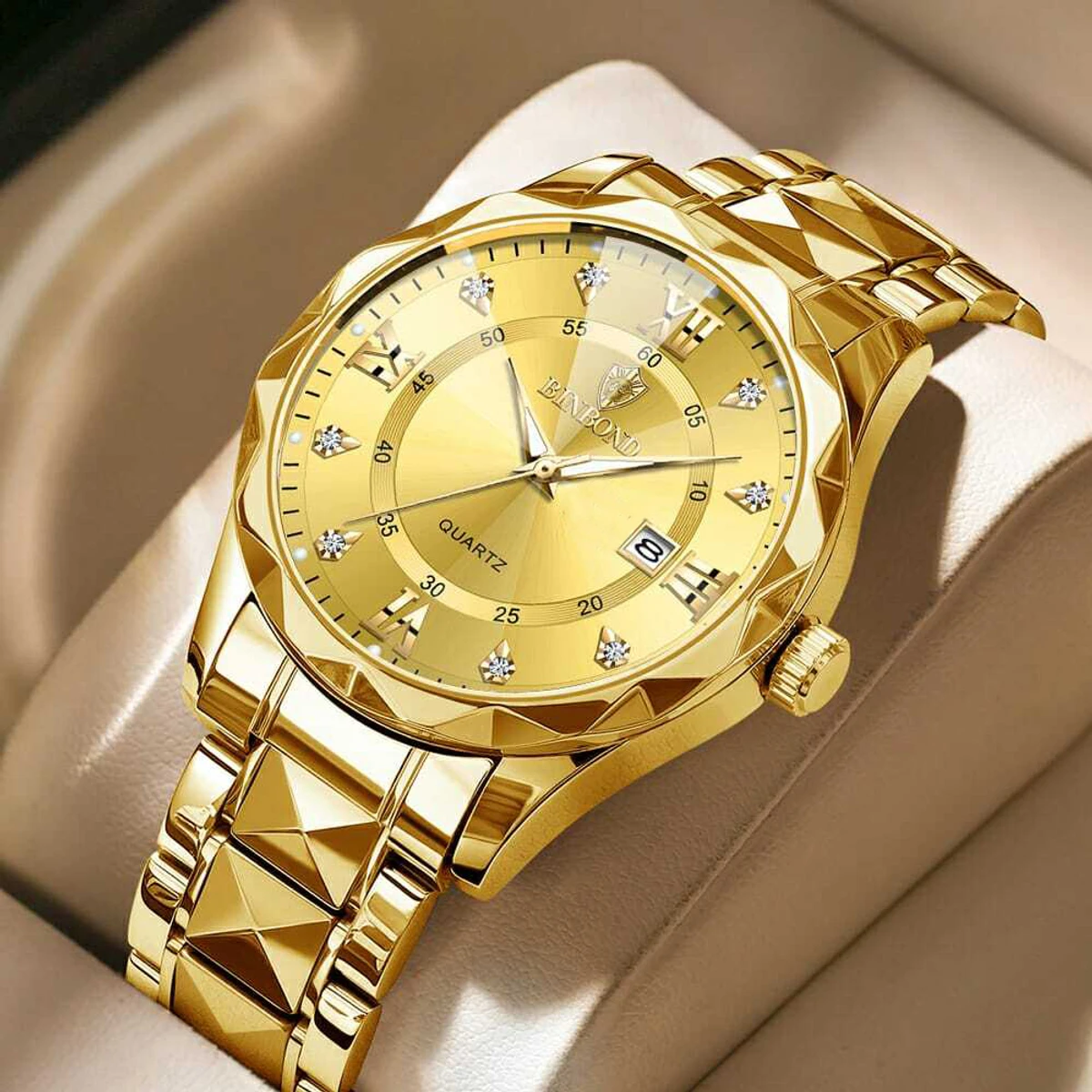 Luxury Binbond day authentic men's watch waterproof night light calendar watch men's quartz watch ceiling glass- Golden