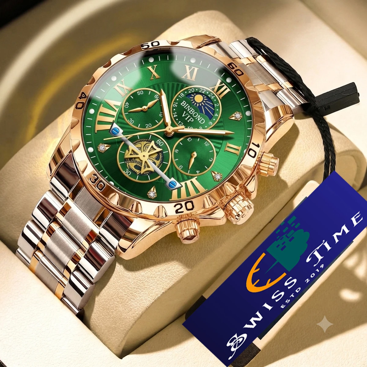 BINBOND W177 Top Brand Men Watch High end Authentic Business Night Light Waterproof Flywheel Gold Steel Belt Male Fashion Quartz Wristwatch- Green & Golden