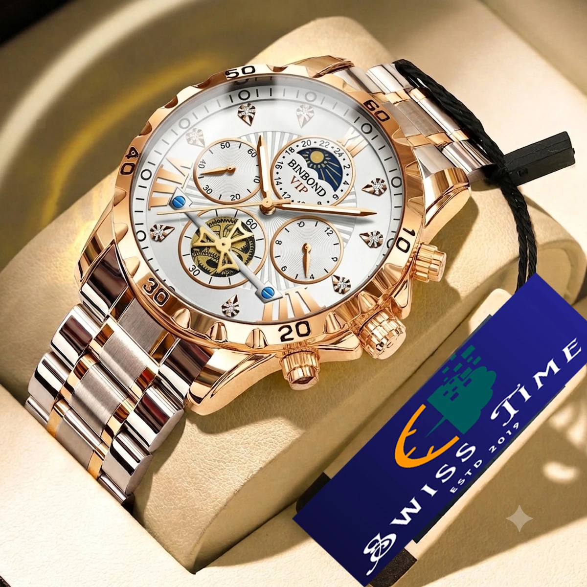 BINBOND W177 Top Brand Men Watch High end Authentic Business Night Light Waterproof Flywheel Gold Steel Belt Male Fashion Quartz Wristwatch- Silver & Golden