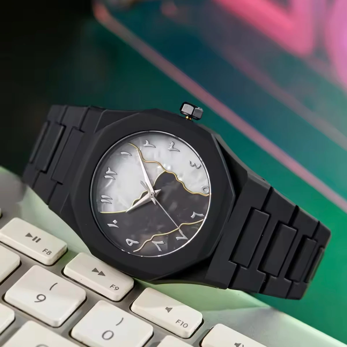 Arabic Digital Plastic Carbon Fiber body Strap Quartz Men's Watch Casual Waterproof - Black & Silver