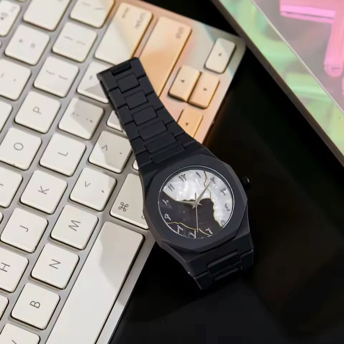 Arabic Digital Plastic Carbon Fiber body Strap Quartz Men's Watch Casual Waterproof - Black & Silver