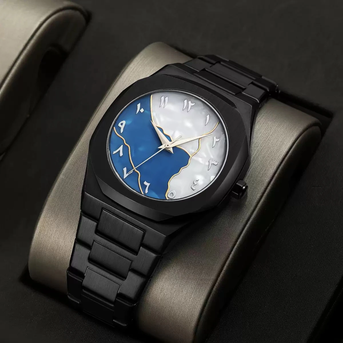 Arabic Digital Plastic Carbon Fiber body Strap Quartz Men's Watch Casual Waterproof - Black & Blue
