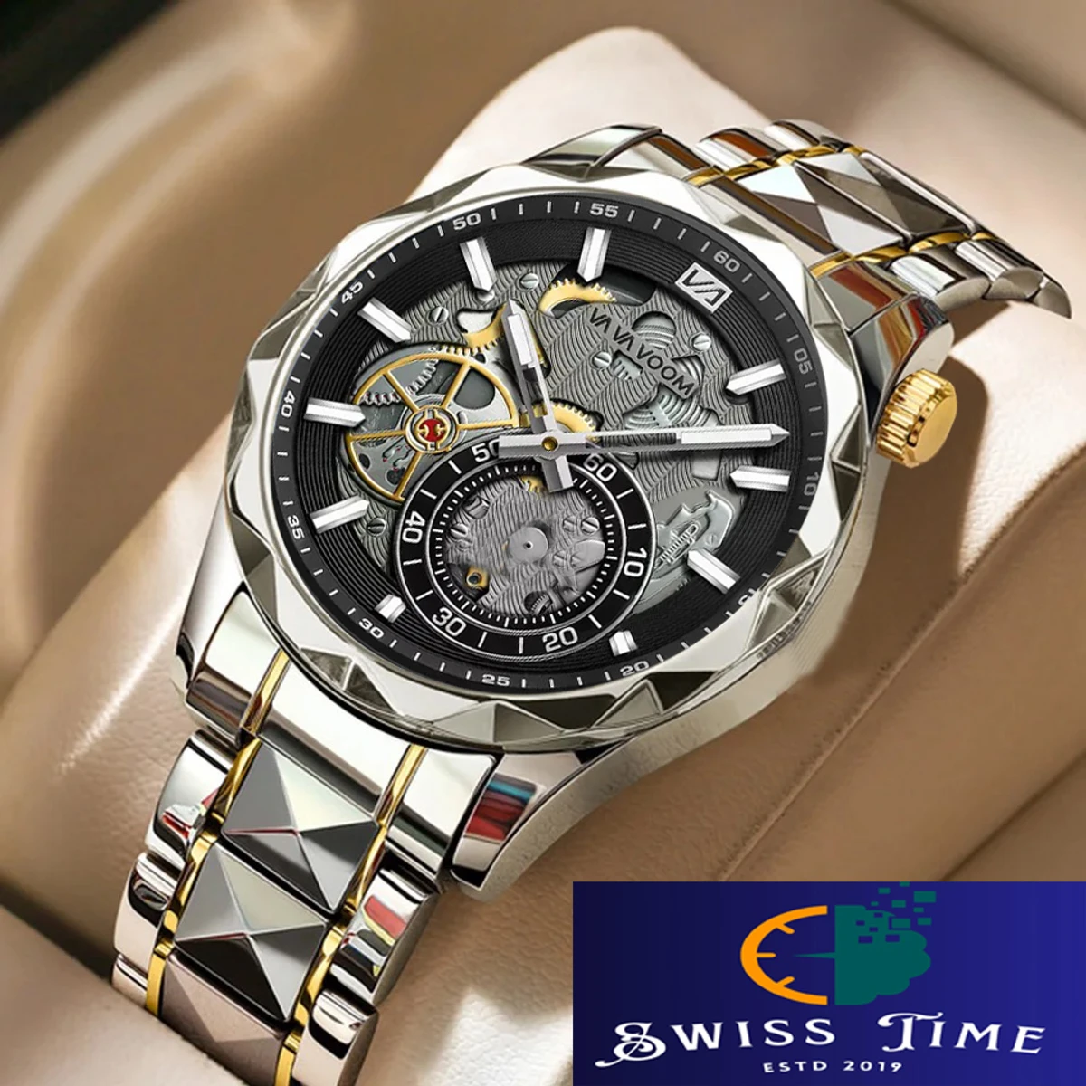 VAVA VOOM H86 Men Watch High End Business Waterproof Creative Double Calendar High Quality Steel Strip Male Fashion Quartz Clock Watches - Silver & Black