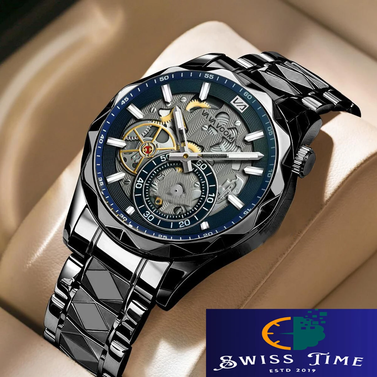VAVA VOOM H86 Men Watch High End Business Waterproof Creative Double Calendar High Quality Steel Strip Male Fashion Quartz Clock Watches - Black & Black