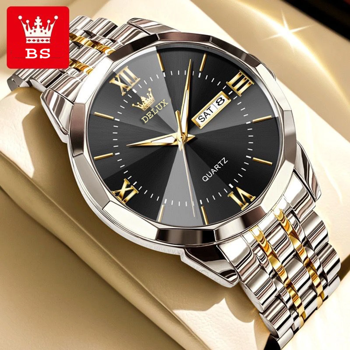 New Luxury DELUX Watch for Men Stainless Steel Waterproof Watches - Silver & Black