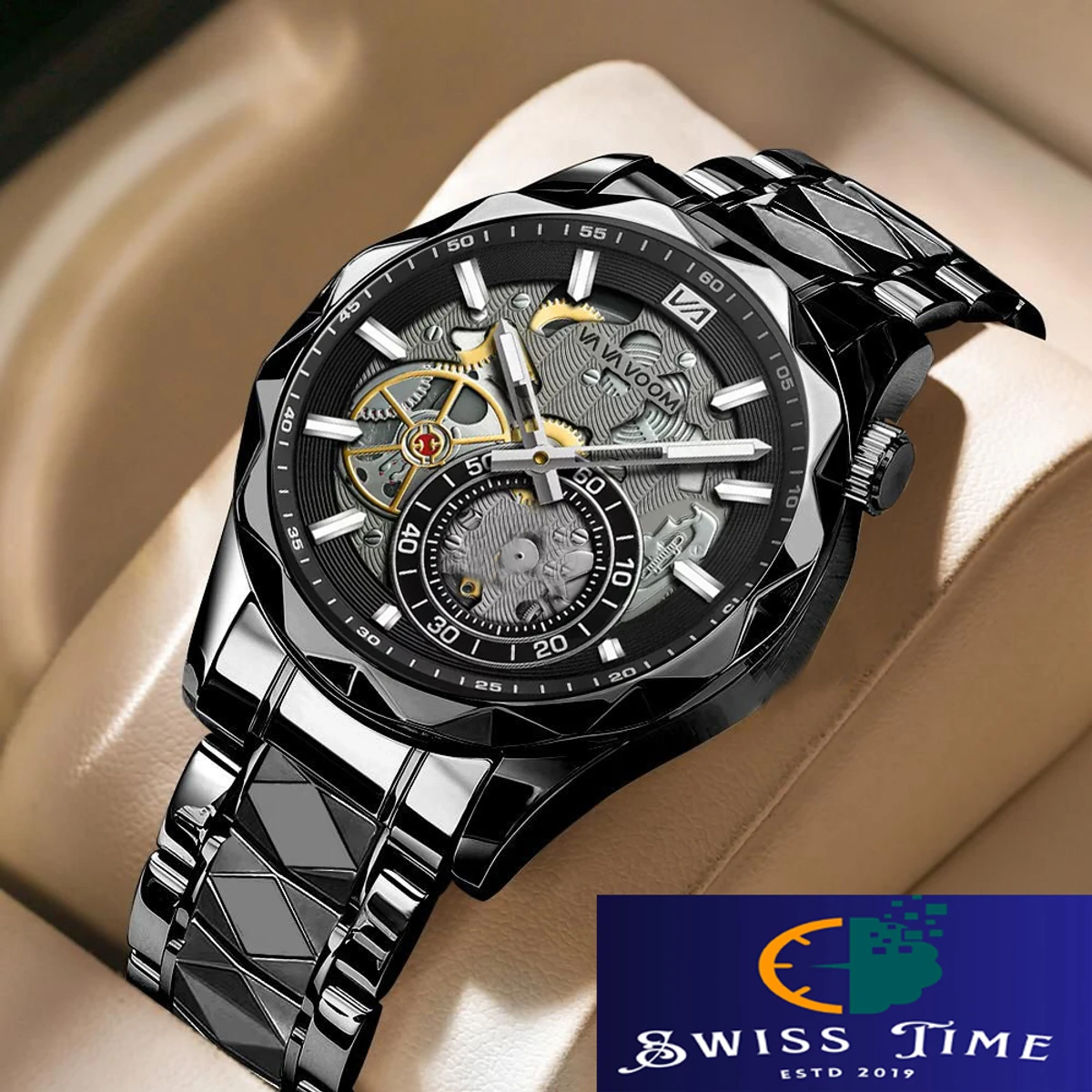 VAVA VOOM H86 Men Watch High End Business Waterproof Creative Double Calendar High Quality Steel Strip Male Fashion Quartz Clock Watches - Black
