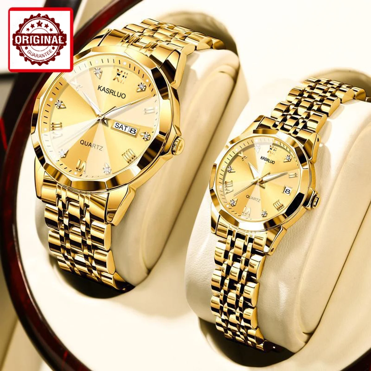 KASRLUO High Quality Luxury Couple Watch For Men Women Stainless Steel - Golden