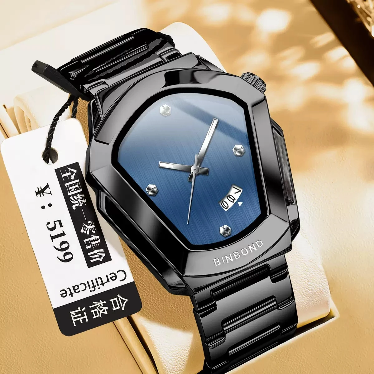 Binbond W00118 Diamond Shaped Men Business Trend High-quality Steel Strip Waterproof Male Fashion Quartz Clock Couple Watches Gift- Black & Blue