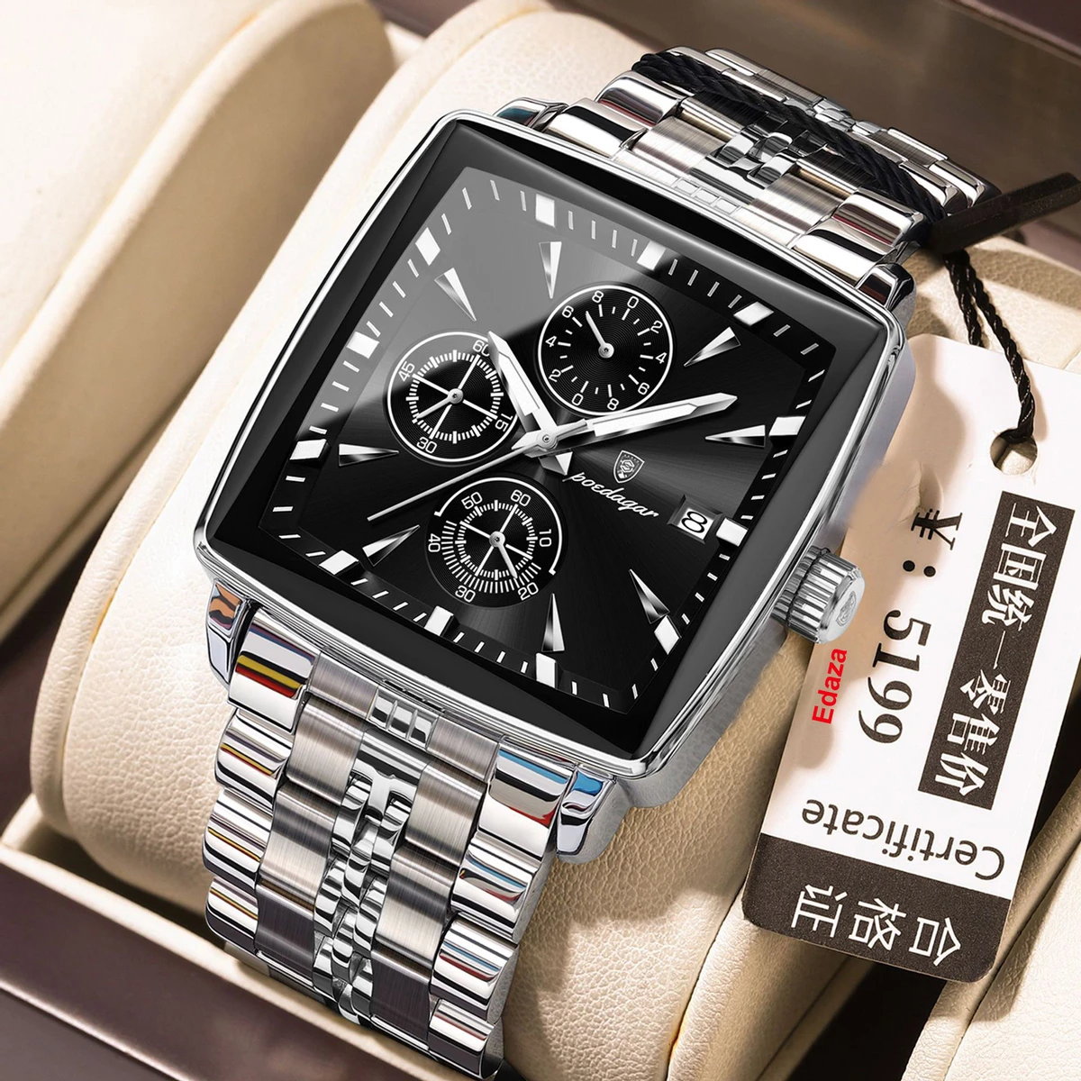 POEDAGAR 866 Luxury Business Man Wristwatch Non active Chronograph Waterproof Luminous Calendar Watch For Men Square Quartz Men's Watches - Silver & Black