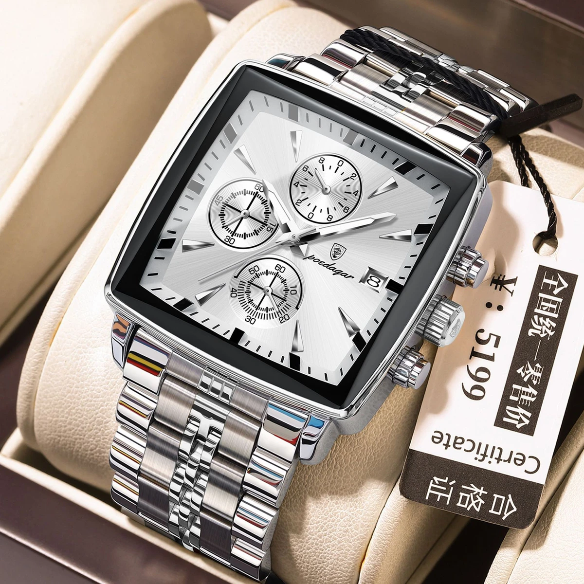 POEDAGAR 866 Luxury Business Man Wristwatch Non active Chronograph Waterproof Luminous Calendar Watch For Men Square Quartz Men's Watches - Silver