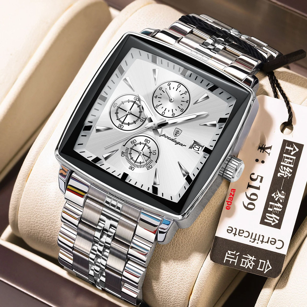 POEDAGAR 866 Luxury Business Man Wristwatch Non active Chronograph Waterproof Luminous Calendar Watch For Men Square Quartz Men's Watches - Silver
