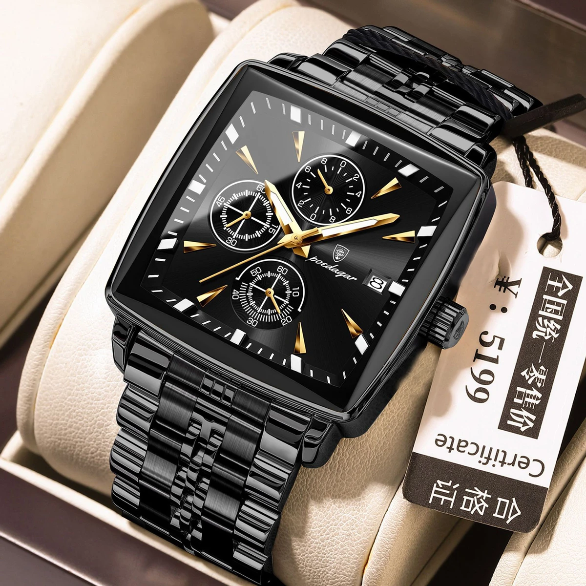 POEDAGAR 866 Luxury Business Man Wristwatch Non active Chronograph Waterproof Luminous Calendar Watch For Men Square Quartz Men's Watches - Black