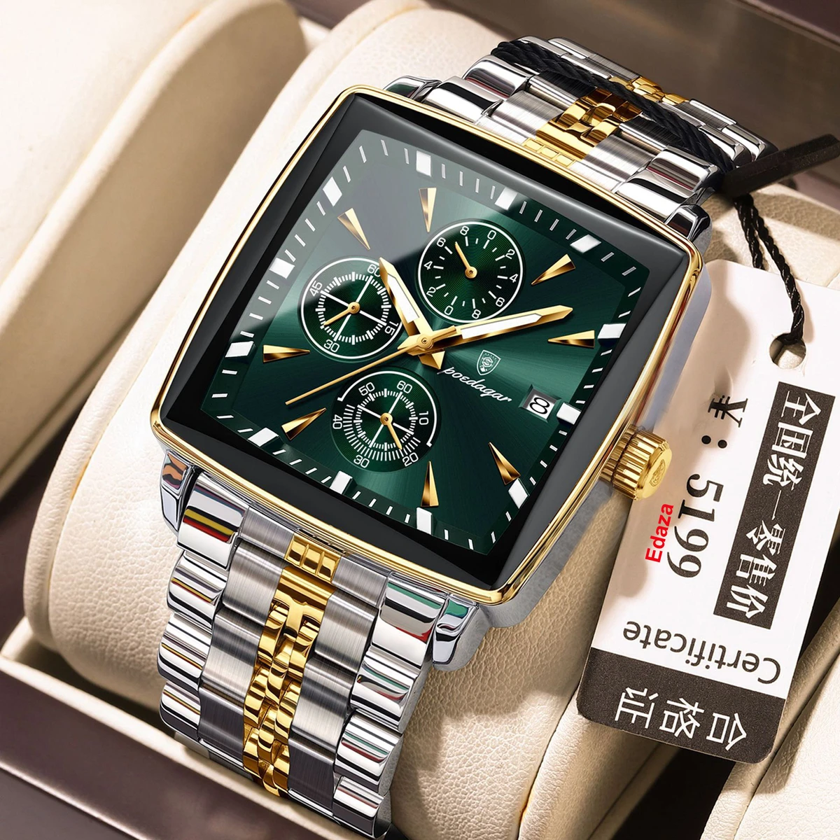 POEDAGAR 866 Luxury Business Man Wristwatch Non active Chronograph Waterproof Luminous Calendar Watch For Men Square Quartz Men's Watches - Green & Golden
