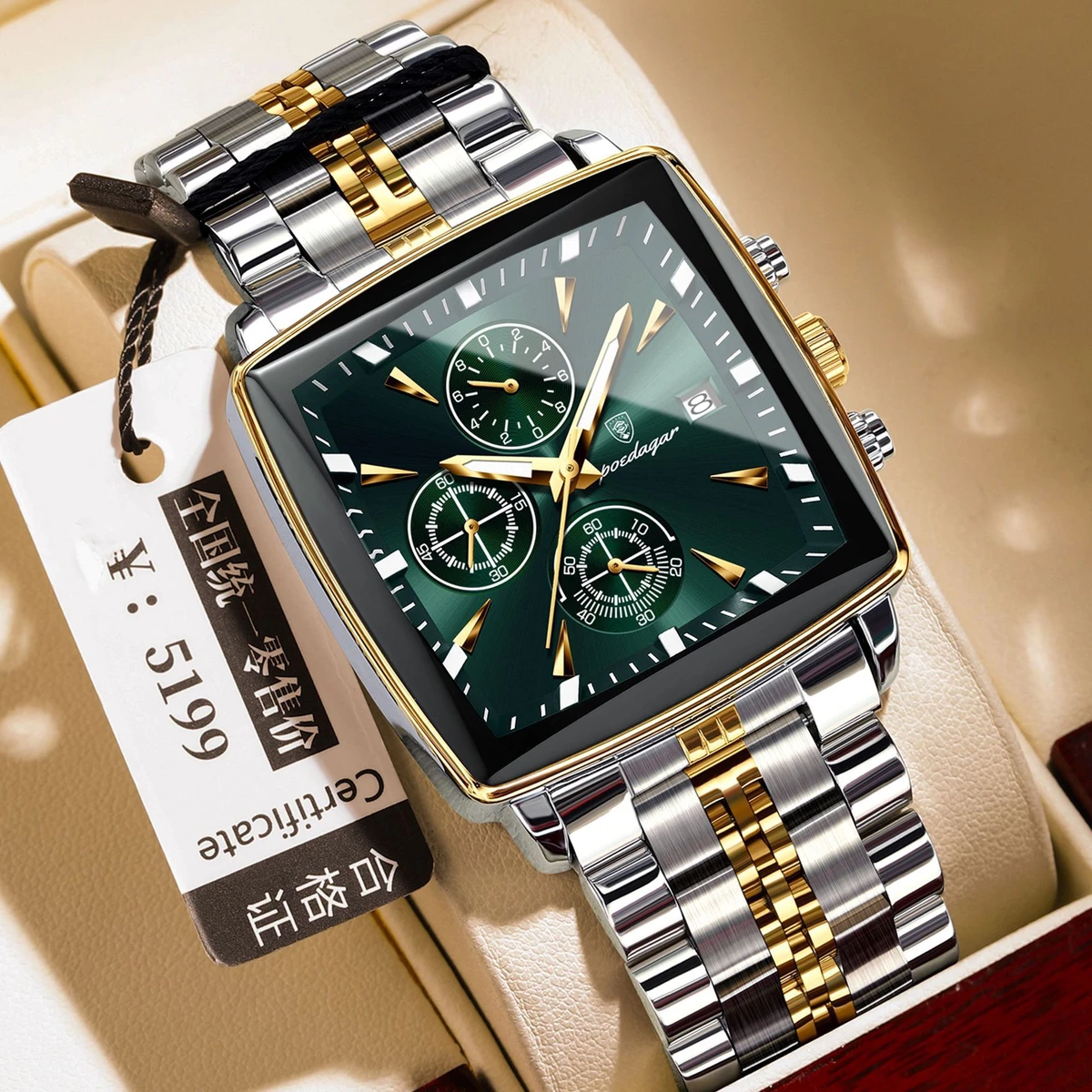 POEDAGAR 866 Luxury Business Man Wristwatch Non active Chronograph Waterproof Luminous Calendar Watch For Men Square Quartz Men's Watches - Green & Golden
