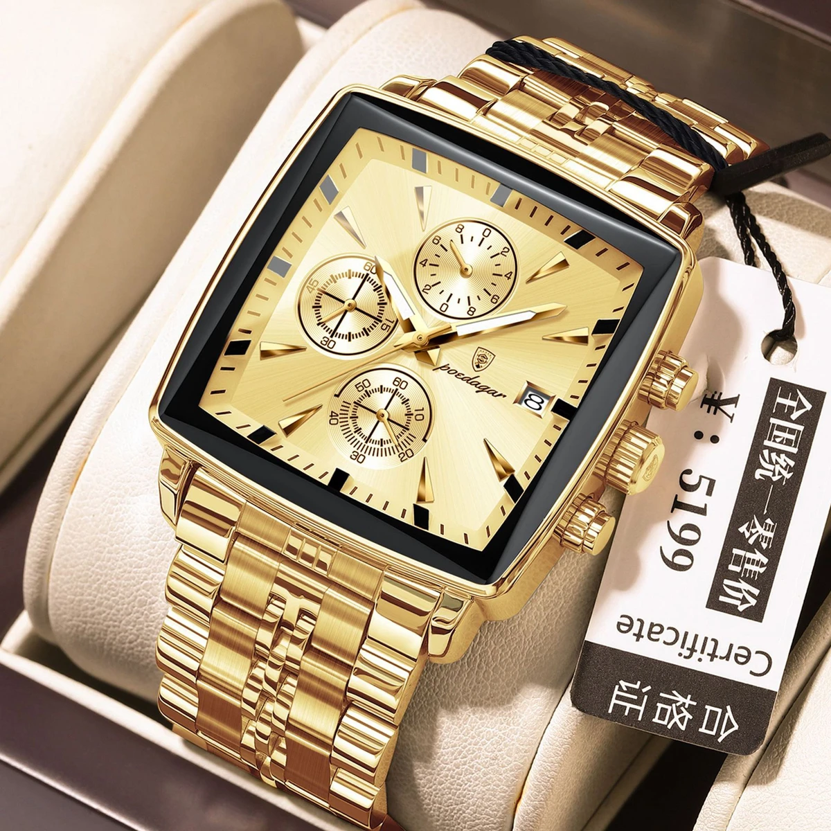 POEDAGAR 866 Luxury Business Man Wristwatch Non active Chronograph Waterproof Luminous Calendar Watch For Men Square Quartz Men's Watches -Golden