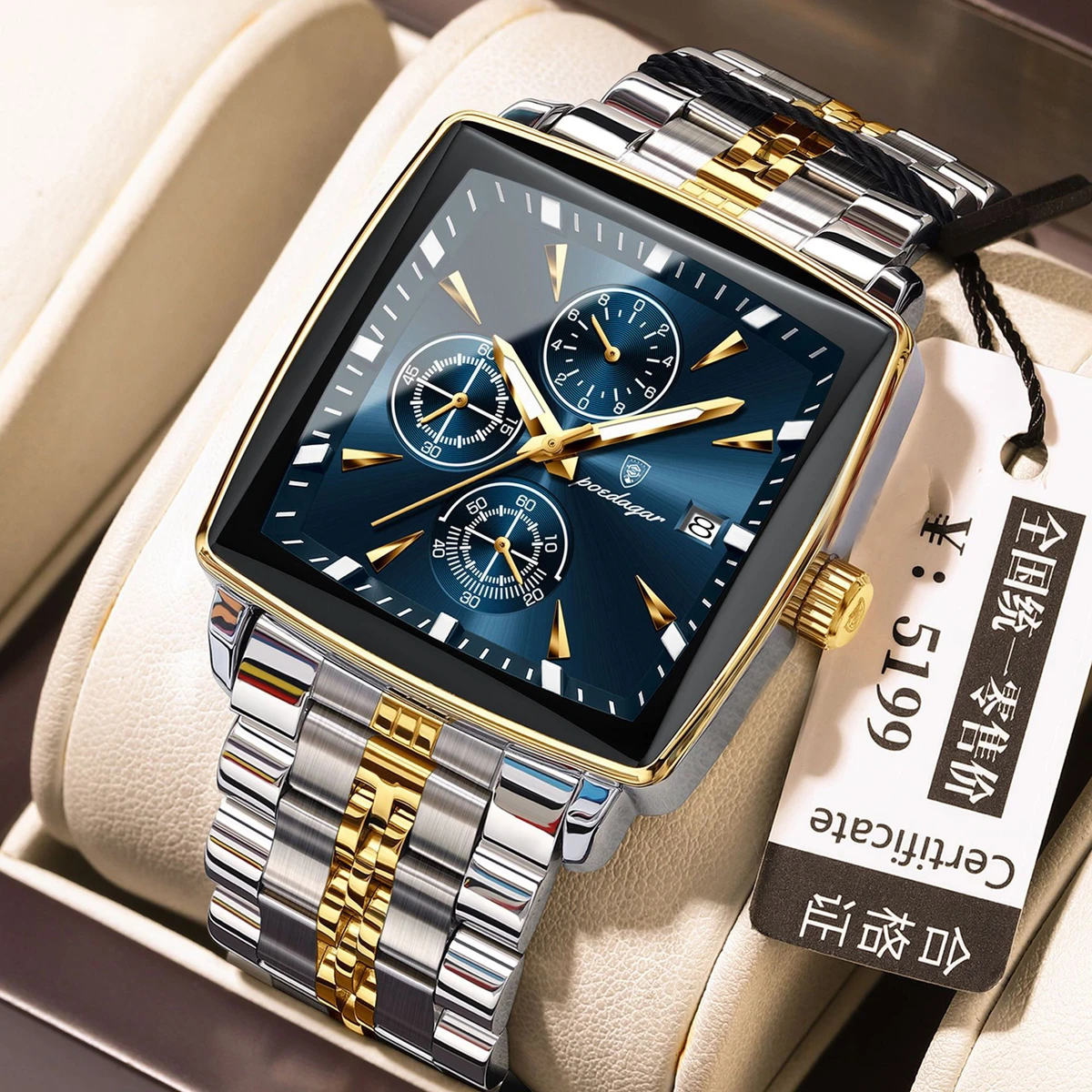 POEDAGAR 866 Luxury Business Man Wristwatch Non active Chronograph Waterproof Luminous Calendar Watch For Men Square Quartz Men's Watches - Blue & Golden