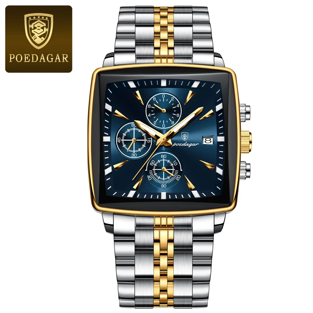 POEDAGAR 866 Luxury Business Man Wristwatch Non active Chronograph Waterproof Luminous Calendar Watch For Men Square Quartz Men's Watches - Blue & Golden